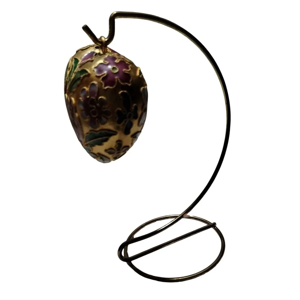 Cloisonne Enamel Heart Ornament Floral Design with Metal Display Stand‎